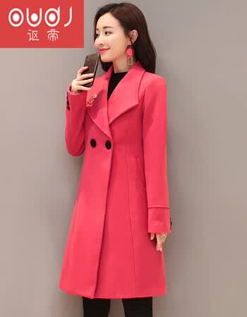 红色呢子大衣女新款2018外套女冬季加厚毛呢外套女中长款 桃红色 l