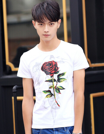 c2潮潮夏天复古玫瑰花t恤男士短袖个性印花圆领修身t恤韩版花衣服潮