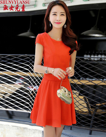 淑女元素 2016夏季短袖新款女装雪纺韩版大摆型专柜圆领连衣裙 桔红色