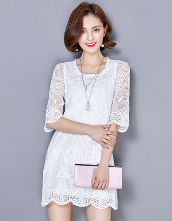 雪夕春夏新款女装2016时尚粉色连衣裙白色缕空蕾丝连衣裙七分袖裙子夏