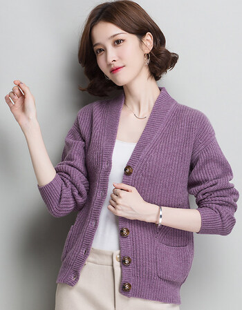 宽松大码毛线衣开衫女纯羊毛衫外搭披肩长袖v领短款针织外套 紫色 xl