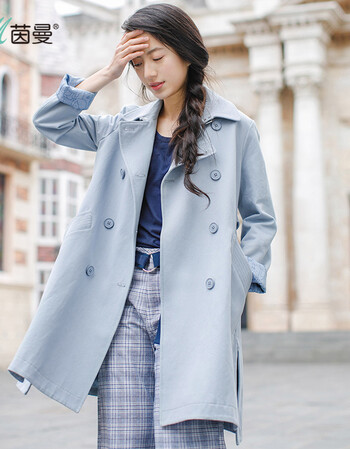 茵曼女新款宽松双排扣风衣外套女中长款【18830vp61748】 灰蓝色 s