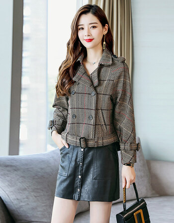 春秋季矮个子格子毛呢外套女装韩版小香风显瘦短外套短款呢子 咖格 m