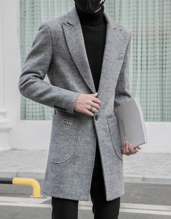 秋冬新款韩版男装羊毛大衣中长款毛呢外套修身男士呢子大衣 浅灰色