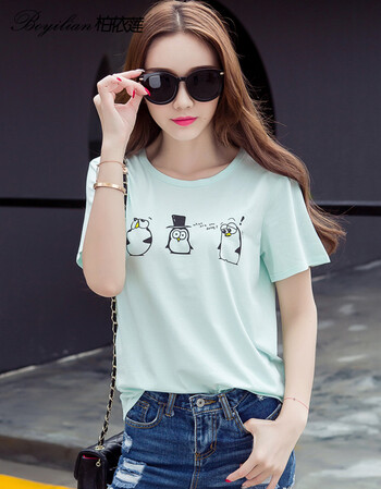 柏依莲2016夏季新款韩版女装圆领印花宽松显瘦大码短袖t恤女9506 浅