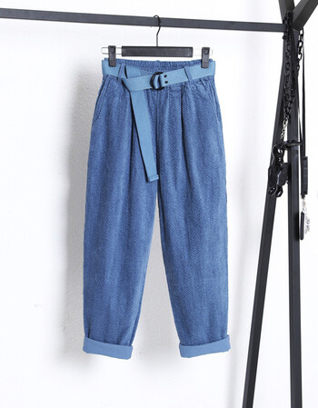 裤女宽松韩版2018新款条绒九分裤冬季加绒显瘦哈伦长裤 蓝色配皮带