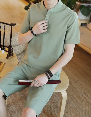 2018夏季棉麻套装短袖短裤亚麻男青年休闲套装中国风 军绿色 l