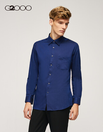 g2000男装舒适纯棉衬衫 2018冬季新款方领修身长袖衬衣 深蓝/78 09