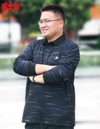 胖大帅2018秋季新款大码男装加肥加大渐变条纹翻领长袖t恤男胖子肥佬