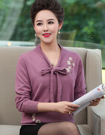 muweiqi妈妈长袖针织t恤上衣服中老年春秋装40岁50中年女人洋气外穿