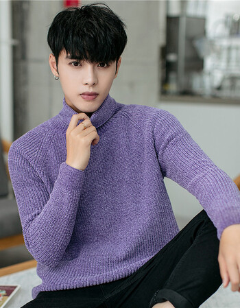 新品男士高领毛衣韩版潮流百搭帅气学生装纯色针织衫打底衣服 紫色 l