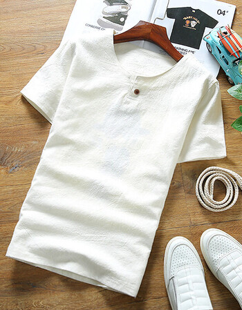 2016 夏季新款男士日系亚麻短袖薄t恤 男棉麻短衫 白色 m