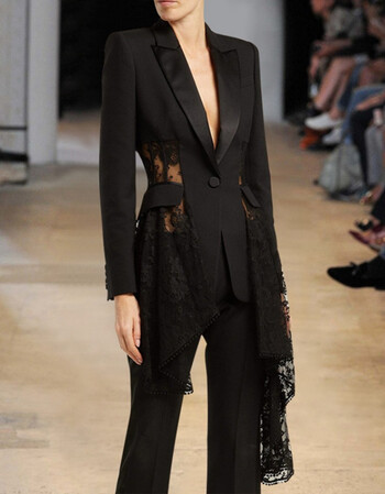 欧美走秀款性感小西装 2018秋新款蕾丝拼接不规则外套女 黑色 s