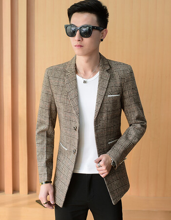 loo2018秋冬装新款西服男士中长款翻领呢料条格西装男 卡其色 l