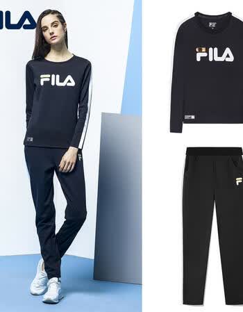 fila斐乐女套装2018秋季新款休闲运动简约大方针织上衣针织长裤女 f61