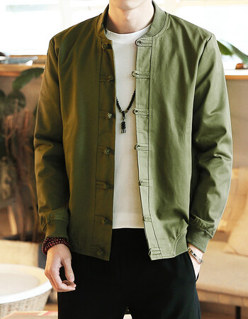 2018新款改良汉服古风青年帅气唐装男中山装复古夹克外套 军绿色立领