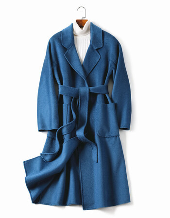 太平面鸟水波纹双面羊绒大衣女呢子中长款秋冬新款毛呢外套 海水蓝 l