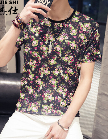 丹杰仕夏季夜店大满花短袖t恤男士短袖加肥加大码印花圆领修身体恤