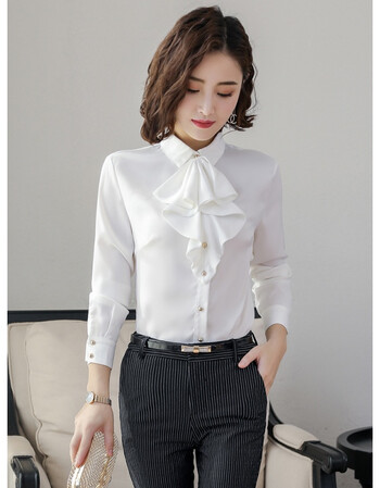 边职业缎面白衬衫女修身显瘦长袖工作服上衣气质韩版工装寸衣 白色 s