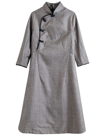 丝毛裙蕾丝花边改良旗袍中式修身显瘦中长款唐装女连衣裙安然 灰色 m