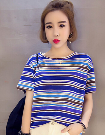 枫紫服饰2016夏季新款条纹短袖女装t恤 女 fz5059 蓝色 l