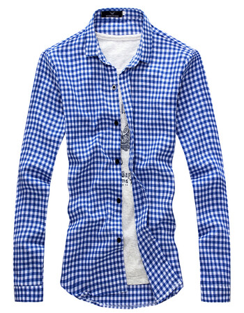 2016新款秋装格子百搭长袖衬衫 男士格子衬衣休闲修身衬衫 天蓝色 m