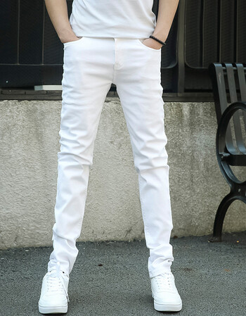 角龙白色牛仔裤男修身秋男士韩版潮流弹力小脚长裤纯白休闲裤子 210