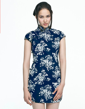 花笙记民族复古中国风繁花旗袍衫女装修身立领印花连衣裙高端春夏 蓝