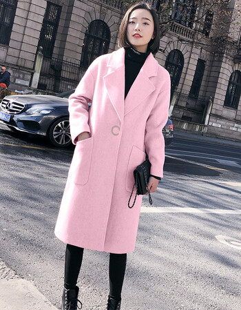 阿尔巴卡呢子大衣女中长款韩版过膝2018冬季加厚羊毛毛呢外套 粉色 m