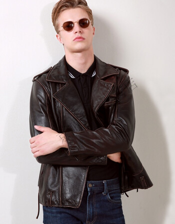 2018新款真皮皮衣男修身头层牛皮皮衣复古做旧翻领机车皮夹克 黑色 l