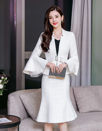 套装女2018秋冬新款韩版气质名媛小香风西装鱼尾裙两件套 白色外套