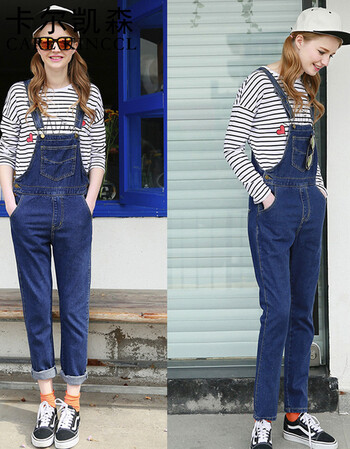 卡尔凯森2016新款时尚韩版宽松可爱学生百搭牛仔背带连体长裤女潮