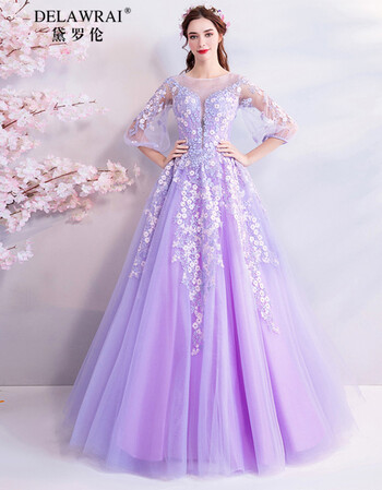 黛罗伦紫色新娘结婚敬酒服婚纱梦幻长袖晚宴年会礼服裙 浅紫色 xs