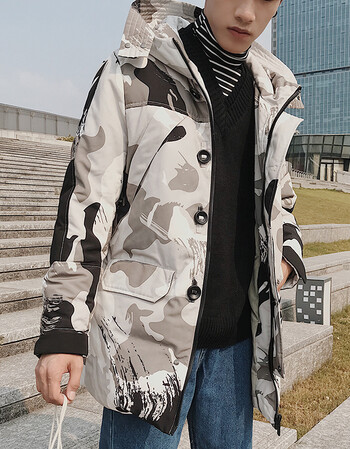 (438元)棉衣男2018加厚连帽中长款棉衣迷彩大码外套棉服男 白迷彩 l