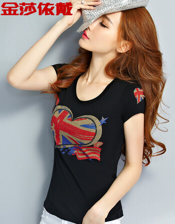 金莎依戴 2016夏新款印花短袖t恤修身镶钻大码韩潮范 黑色 s