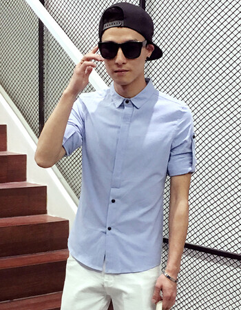 欧以纯男装短袖衬衫修身免烫七分袖棉麻白衬衣薄款陈冠希潮牌韩版潮流