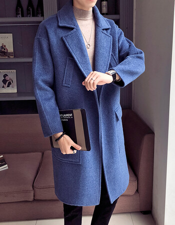 秋冬毛呢大衣男中长款英伦风大衣双面呢外套男士呢子 蓝色 m