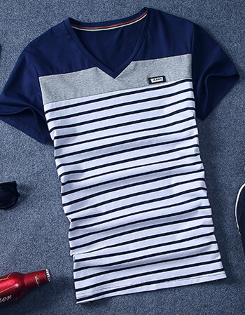 夏天韩版修身短袖男士t恤v领夏季纯棉青年半袖体恤学生t桖上衣服 丈青