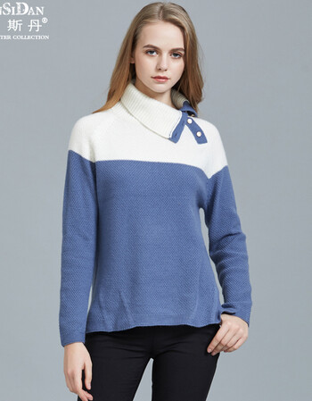 新品100%纯羊绒衫女 高龄加厚宽松撞针织羊绒毛衣女 qke11530 雾蓝 95