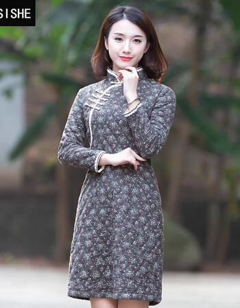 liusishe 旗袍冬季2018新款女加厚夹棉保暖长袖改良版短款旗袍裙秋冬