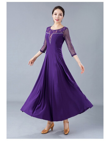 广场舞服装连衣裙高腰修身长袖秋冬摩登舞蹈中老年华尔兹交谊 紫色 m