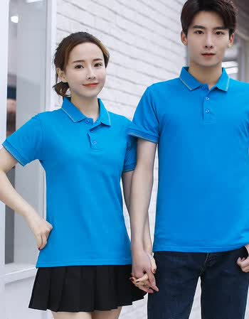 t恤长袖翻领网咖工装酒店超市公司定制团体polo衫秋冬男女 湖蓝色条纹