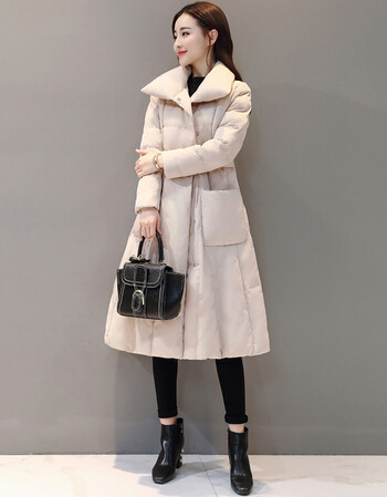 韩都衣舍棉服女中长款冬季韩版收腰过膝加厚棉衣棉袄衣服外套 杏色 m