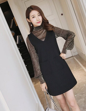 马甲女 内搭中长款内搭裙季背心裙中长款打底裙 黑色 v领口袋马甲裙