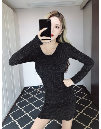 打底裙女2018秋冬新款性感v领亮闪闪修身包臀连衣裙潮 打底裙 银丝黑