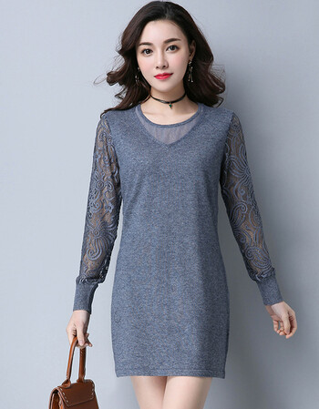 京东优选 ㊣鄂尔多斯羊绒衫女 蕾丝中长款连衣裙秋季针织衫女中长款