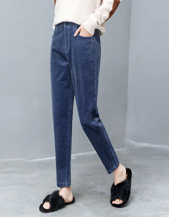 新款裤子女休闲小脚裤条绒直筒裤高腰显瘦哈伦女裤灯芯绒女裤 蓝色 s