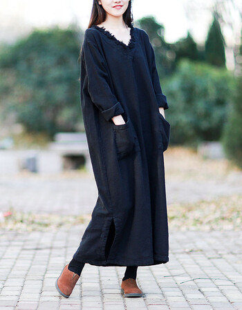 春新棉麻女装连衣裙袍子民族风复古亚麻v领厚款宽松大码中长款 黑色