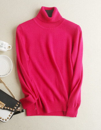 秋冬简约高领羊绒衫女纯色毛衣短款套头打底针织衫羊毛衫 玫红色 s