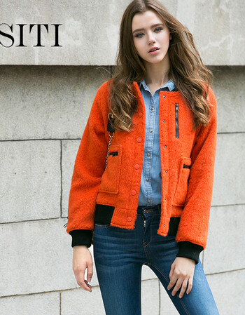 siti selected2016新款橘红色棒球毛呢外套女短休闲学院风呢大衣 橘色